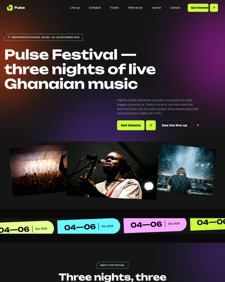 Pulse, a events & celebrations website design